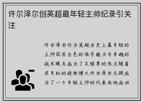 许尔泽尔创英超最年轻主帅纪录引关注 许尔泽尔创英超最年轻主帅纪录引关注